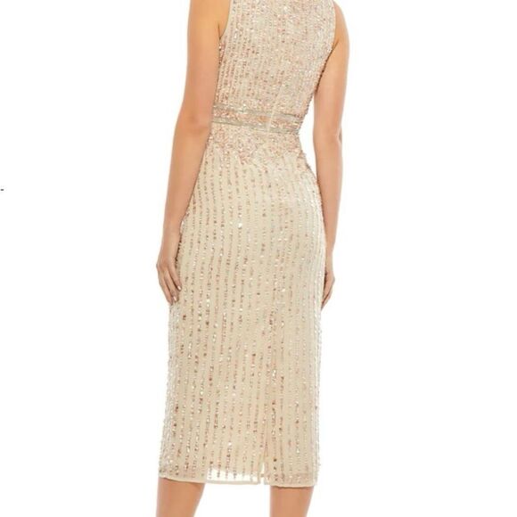 Mac Duggal Sleeveless V-Neck Sequined Midi Sheath Dress Nude Women's Size 4 - Picture 2 of 12